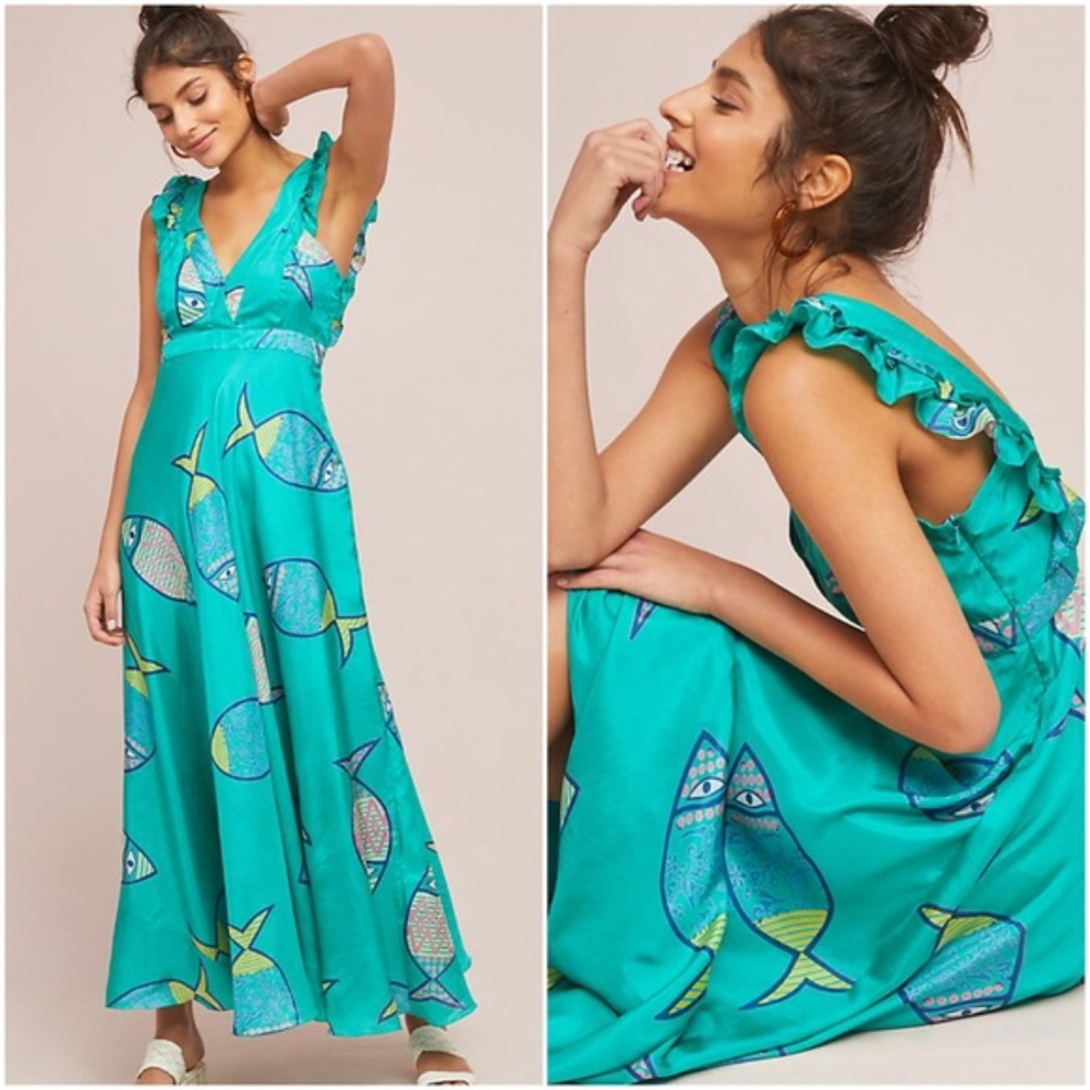 Anthropologie Anupamaa green silk fish maxi dress